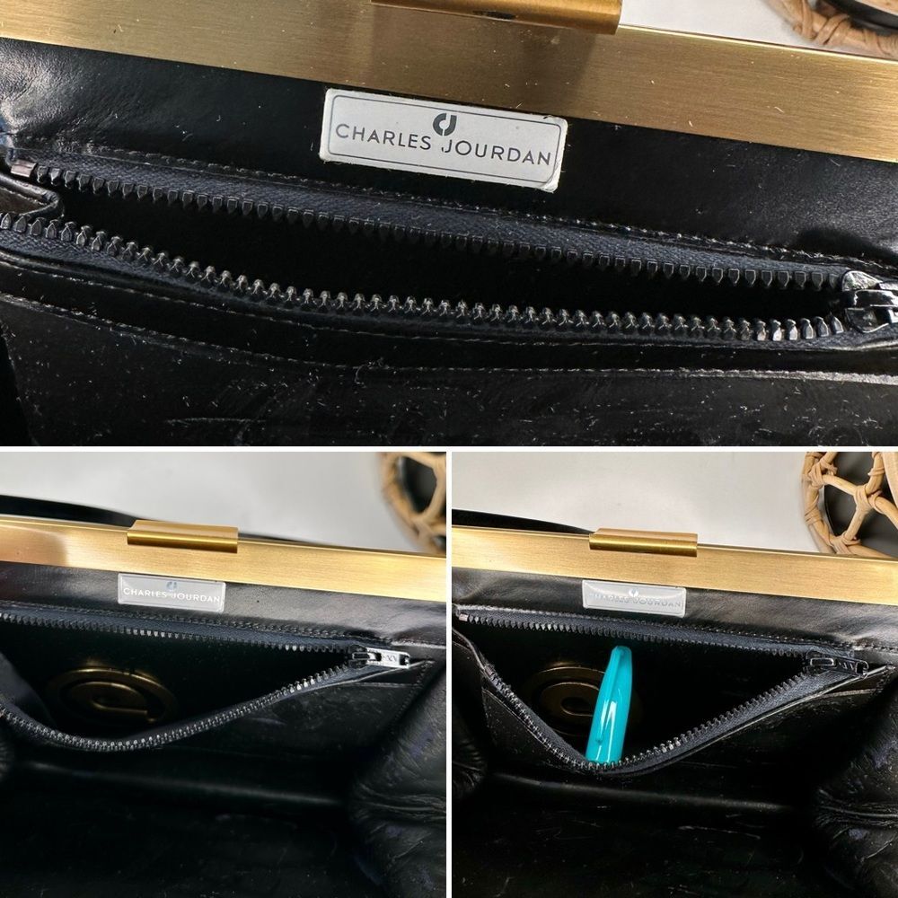 Vintage Charles Jourdan Black Suede Frame Bag Gold Hardware Clutch Leather Strap - Picture 6 of 10
